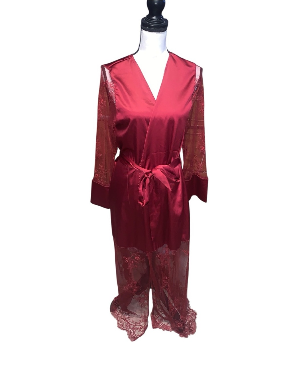 Coquette Merlot Long Robe Red Satin Lace